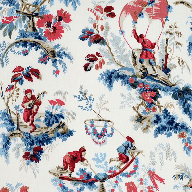 Plaisirs De La Chine fabric in bleu and rouge color - pattern number 172853 - by Schumacher in the Schumacher Classics collection