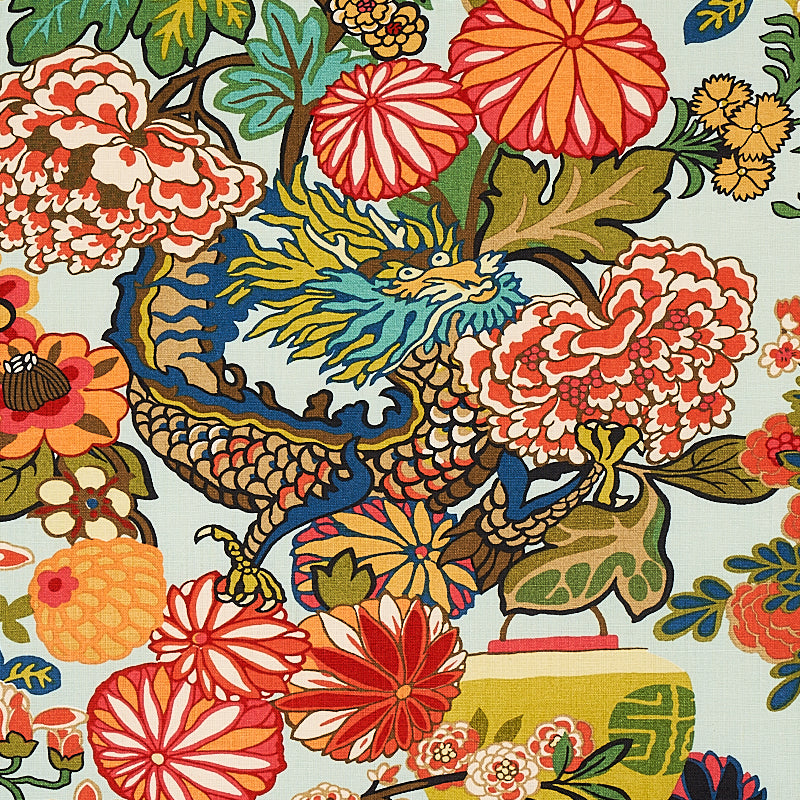 Chiang Mai Dragon fabric in aquamarine color - pattern number 173270 - by Schumacher in the Exuberant Prints collection
