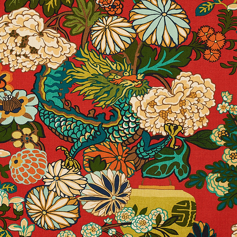 Chiang Mai Dragon fabric in lacquer color - pattern number 173271 - by Schumacher in the Exuberant Prints collection