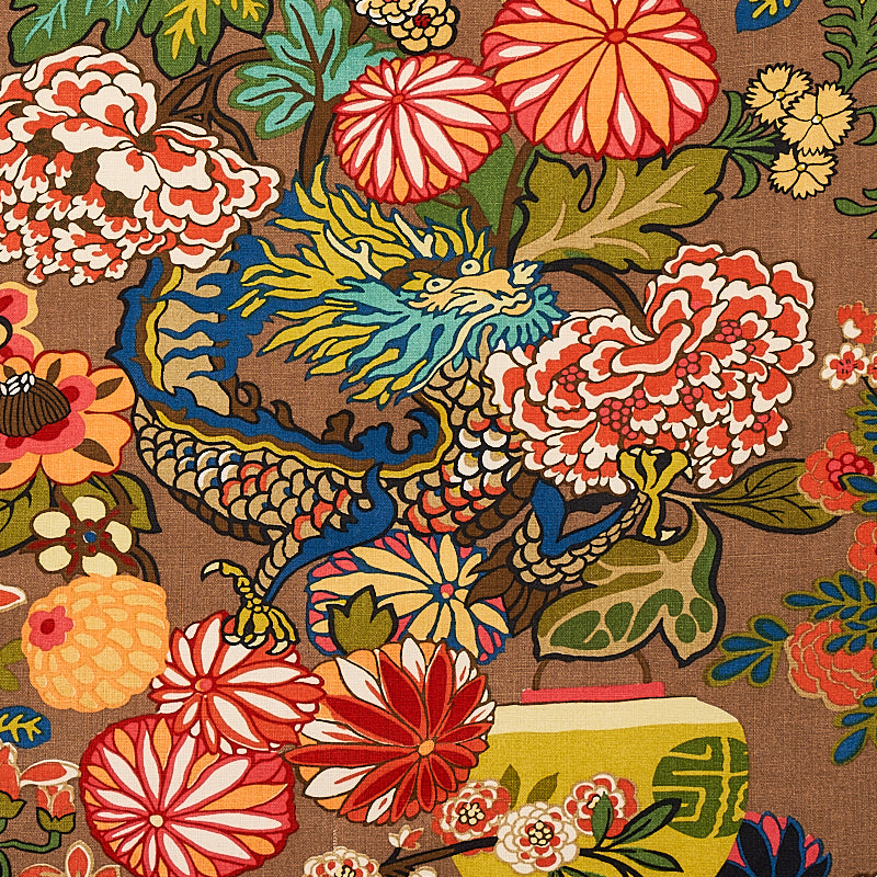 Chiang Mai Dragon fabric in mocha color - pattern number 173274 - by Schumacher in the Exuberant Prints collection