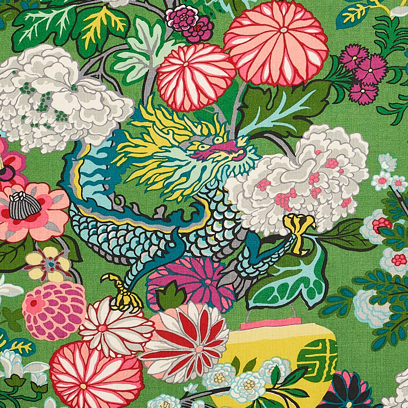Chiang Mai Dragon fabric in jade color - pattern number 173277 - by Schumacher in the Exuberant Prints collection