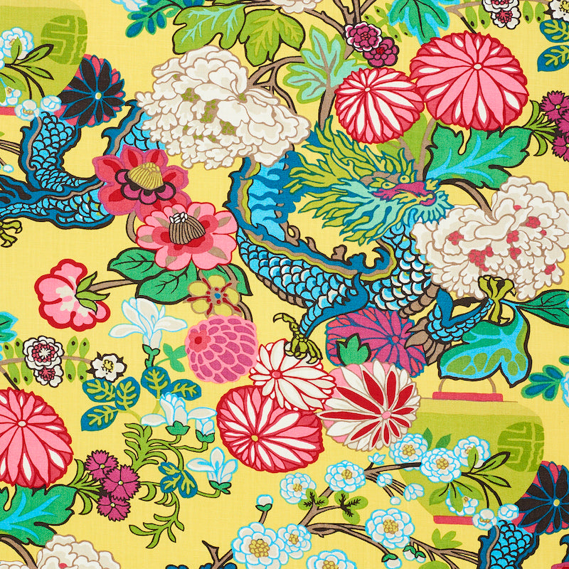 Chiang Mai Dragon fabric in yellow color - pattern number 173281 - by Schumacher in the Exuberant Prints collection