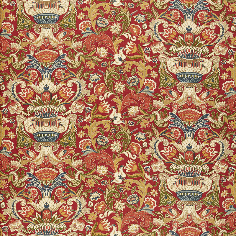 Egerton Tapestry Print fabric in scarlet color - pattern number 173621 - by Schumacher in the Classic Prints collection
