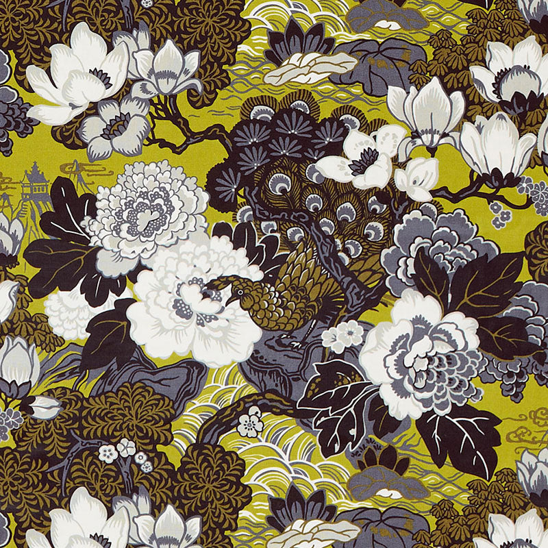Shanghai Peacock fabric in brass color - pattern number 175131 - by Schumacher in the Exuberant Prints collection