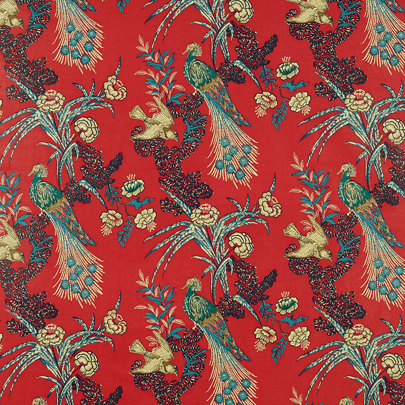 Peacock fabric in red color - pattern number 175910 - by Schumacher in the Miles Redd collection