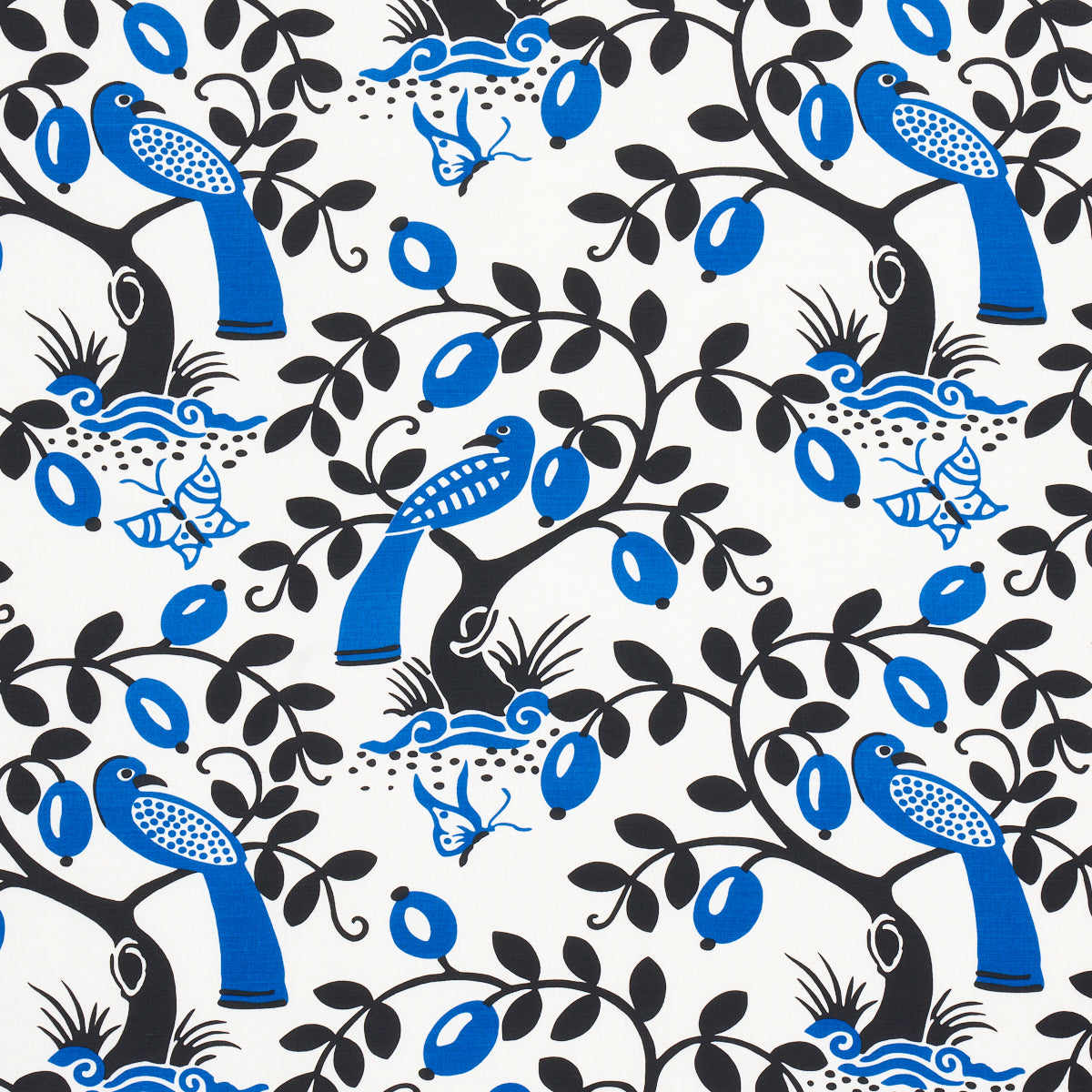 Olive Tree fabric in black and blue color - pattern number 177470 - by Schumacher in the Print Happy collection