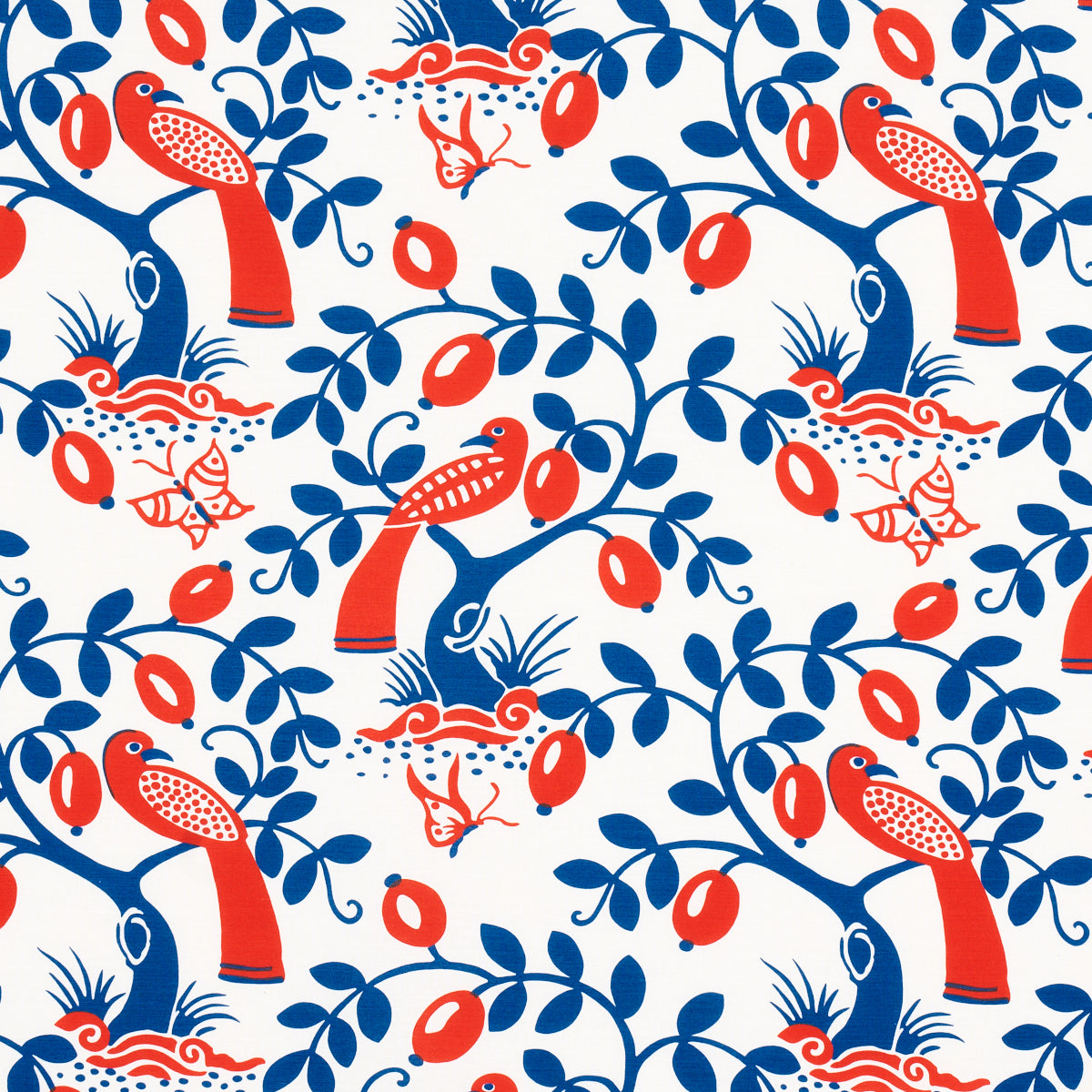Olive Tree fabric in blue and red color - pattern number 177471 - by Schumacher in the Print Happy collection