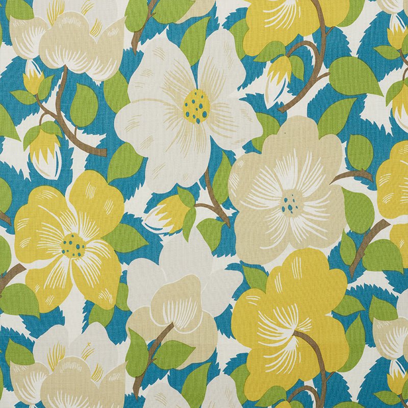 Magnolias fabric in citron and peacock color - pattern number 177560 - by Schumacher in the Fashion Forward collection