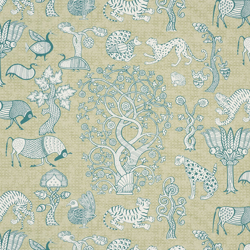 Animalia fabric in peacock and leaf color - pattern number 178321 - by Schumacher in the Palampore collection