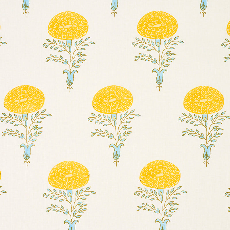 Marigold Hand Block Print fabric in yellow color - pattern number 179320 - by Schumacher in the Molly Mahon collection