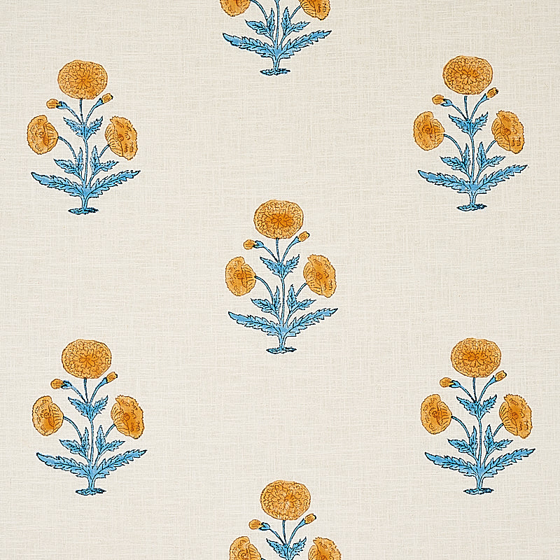 Poppy Hand Block Print fabric in mustard and sky color - pattern number 179841 - by Schumacher in the Molly Mahon collection