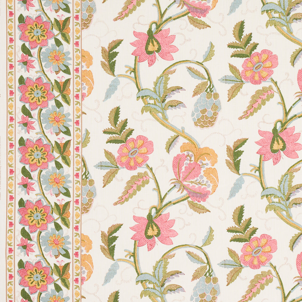 Indali Bordered Linen fabric in pink and leaf color - pattern number 180111 - by Schumacher in the Schumacher Classics collection