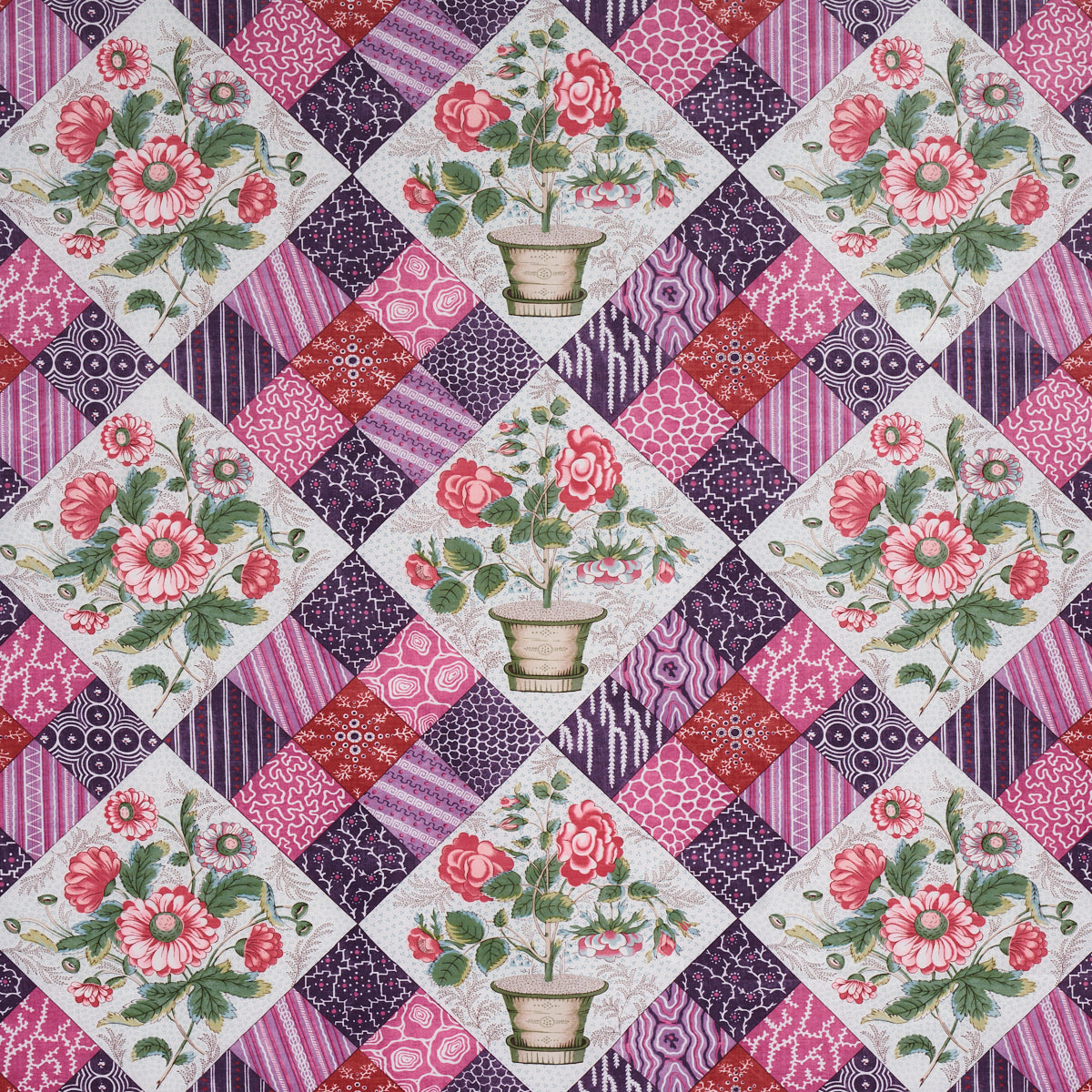 Caldwell Patchwork Chintz fabric in fuchsia and plum color - pattern number 180121 - by Schumacher in the Schumacher Classics collection