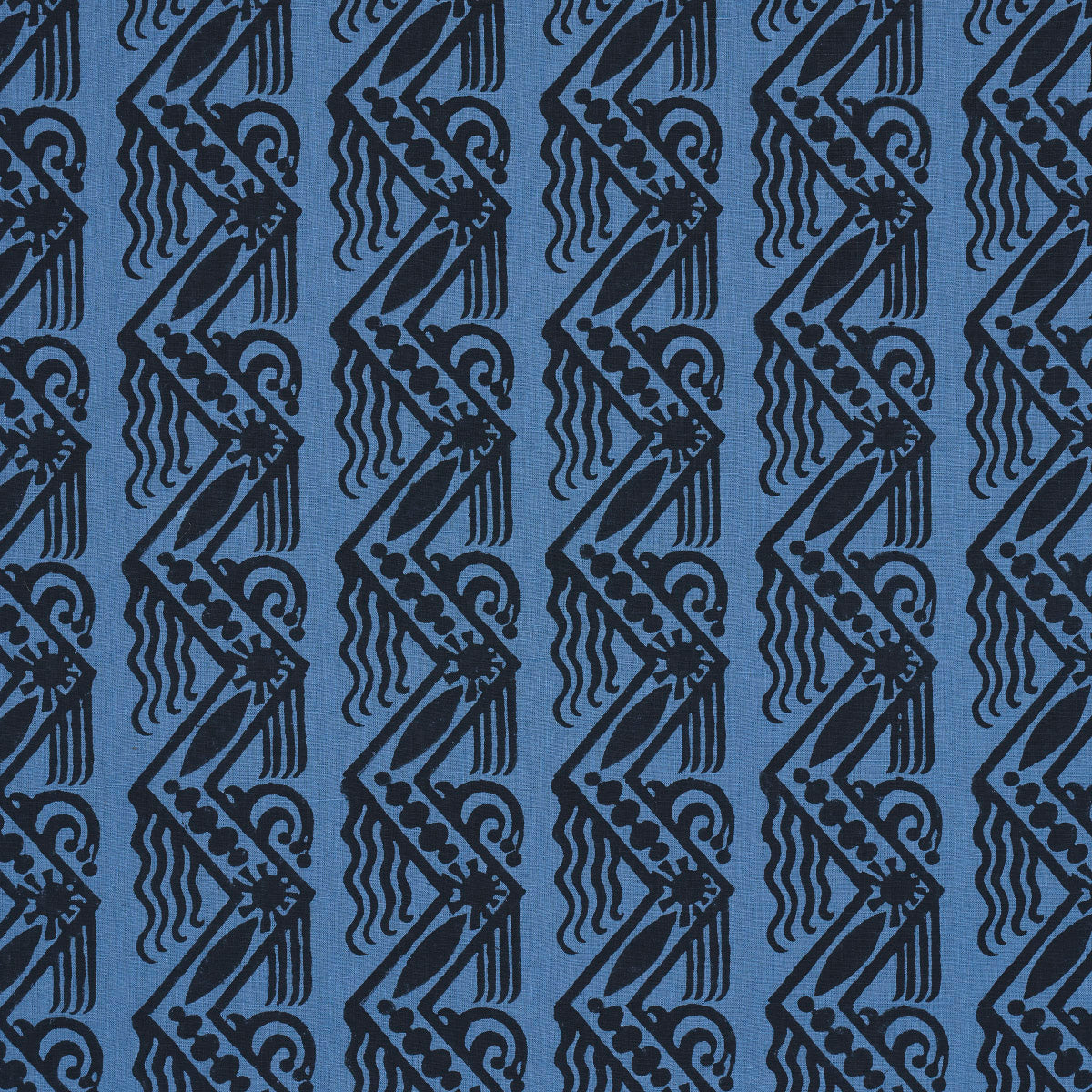 Venetian Zig Zag Block Print fabric in black on blue color - pattern number 181561 - by Schumacher in the Drusus Tabor collection
