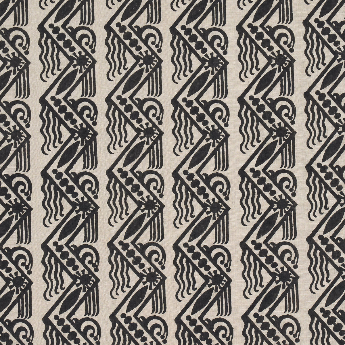 Venetian Zig Zag Block Print fabric in black on natural color - pattern number 181562 - by Schumacher in the Drusus Tabor collection