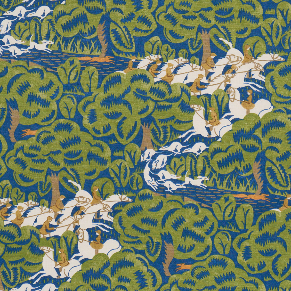 Margaret Schloemans Fox Chase fabric in navy and green color - pattern number 182341 - by Schumacher in the The New Yorker collection