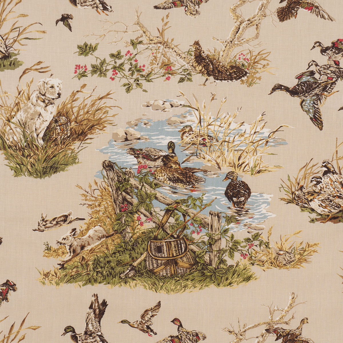 Dog & Duck fabric in alabaster color - pattern number 182660 - by Schumacher in the A Country Life collection