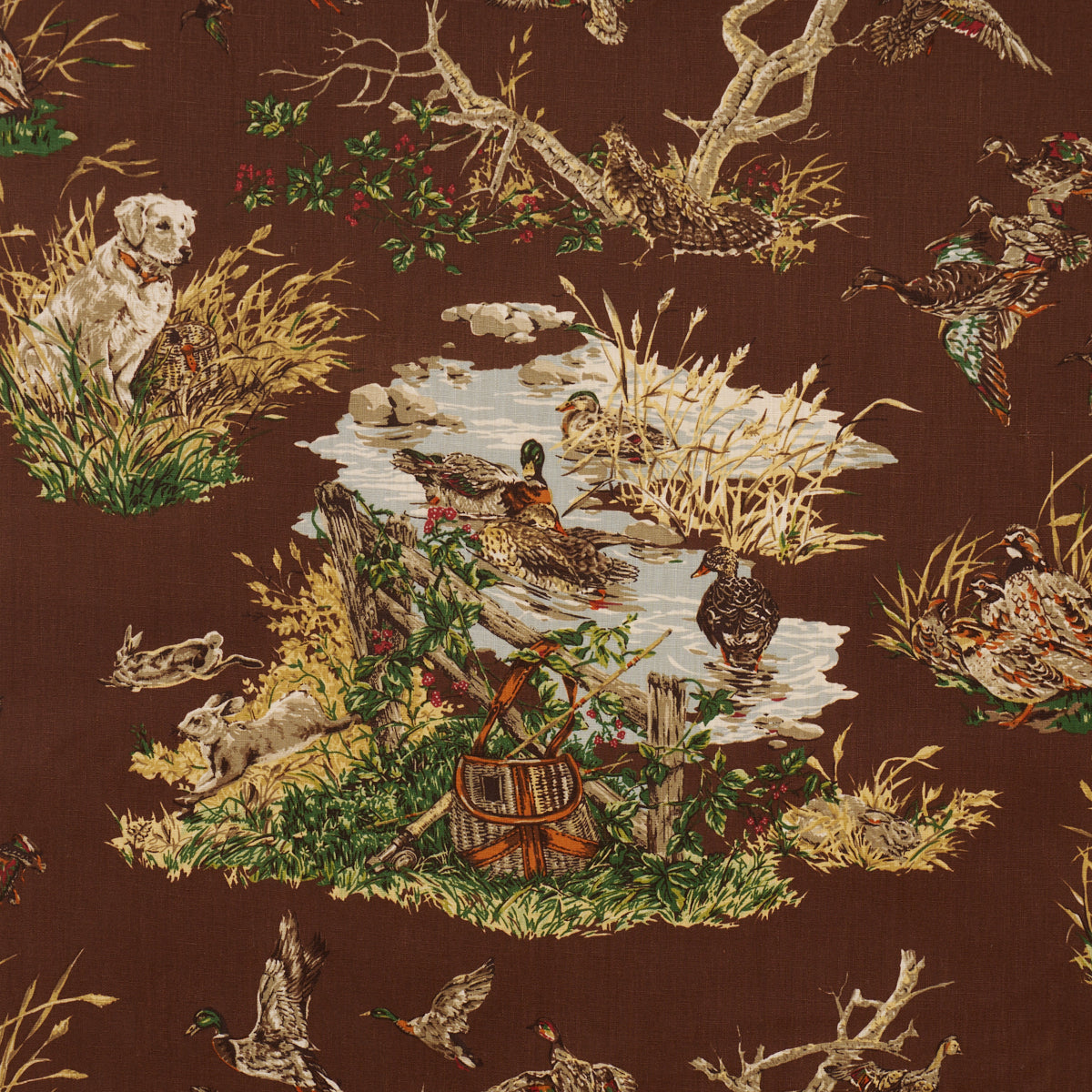 Dog & Duck fabric in brown color - pattern number 182661 - by Schumacher in the A Country Life collection