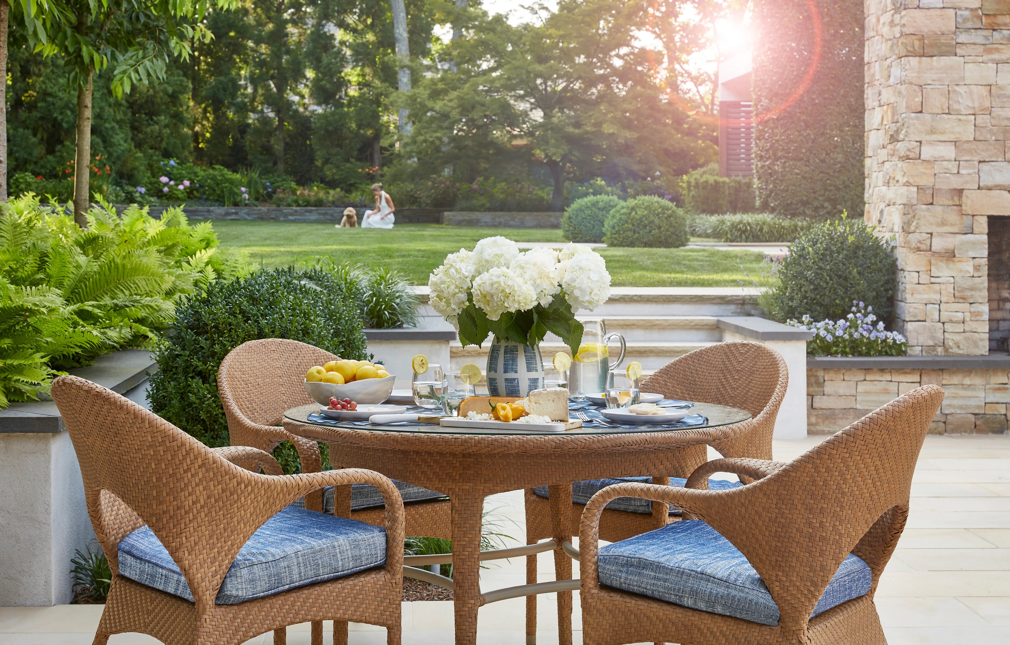 Outdoor furniture upholstered in Catalonia fabric in marine color - pattern 36926.51.0 - by Kravet Couture in the Riviera collection