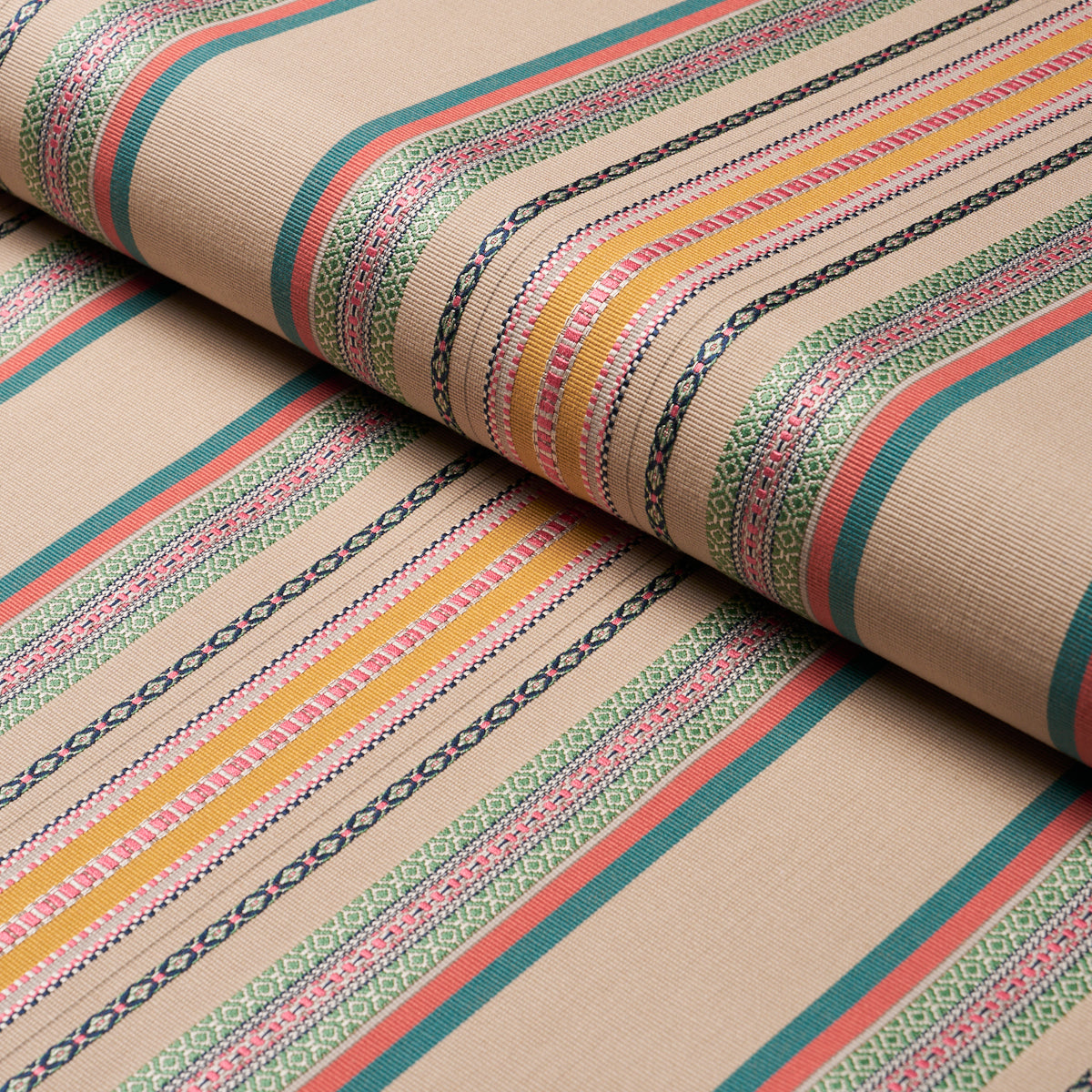 Wellington Stripe fabric in natural on multi color - pattern number 3322026 - by Schumacher in the Bohemia collection