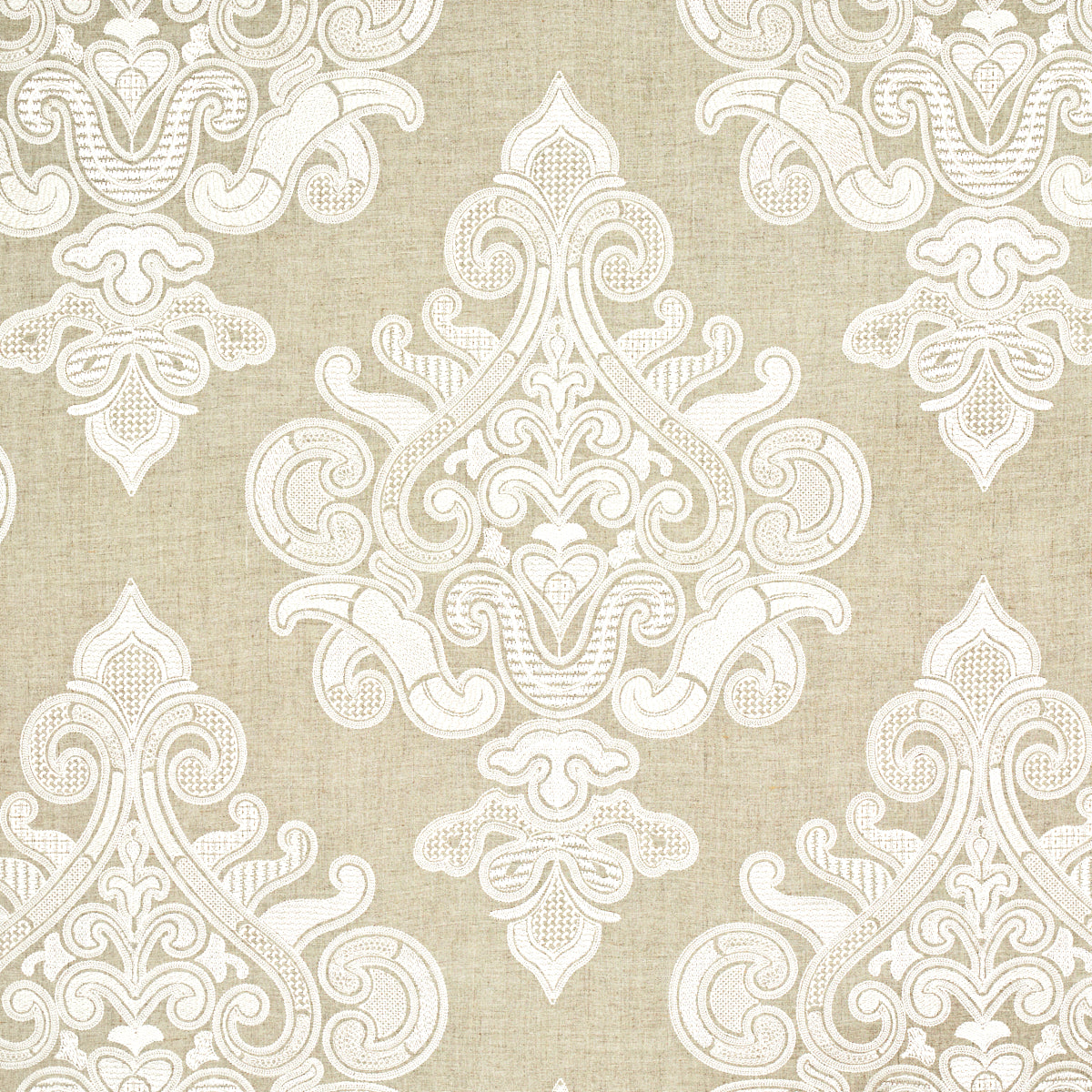 Angkor Embroidery fabric in linen color - pattern number 67581 - by Schumacher in the Au Naturel collection