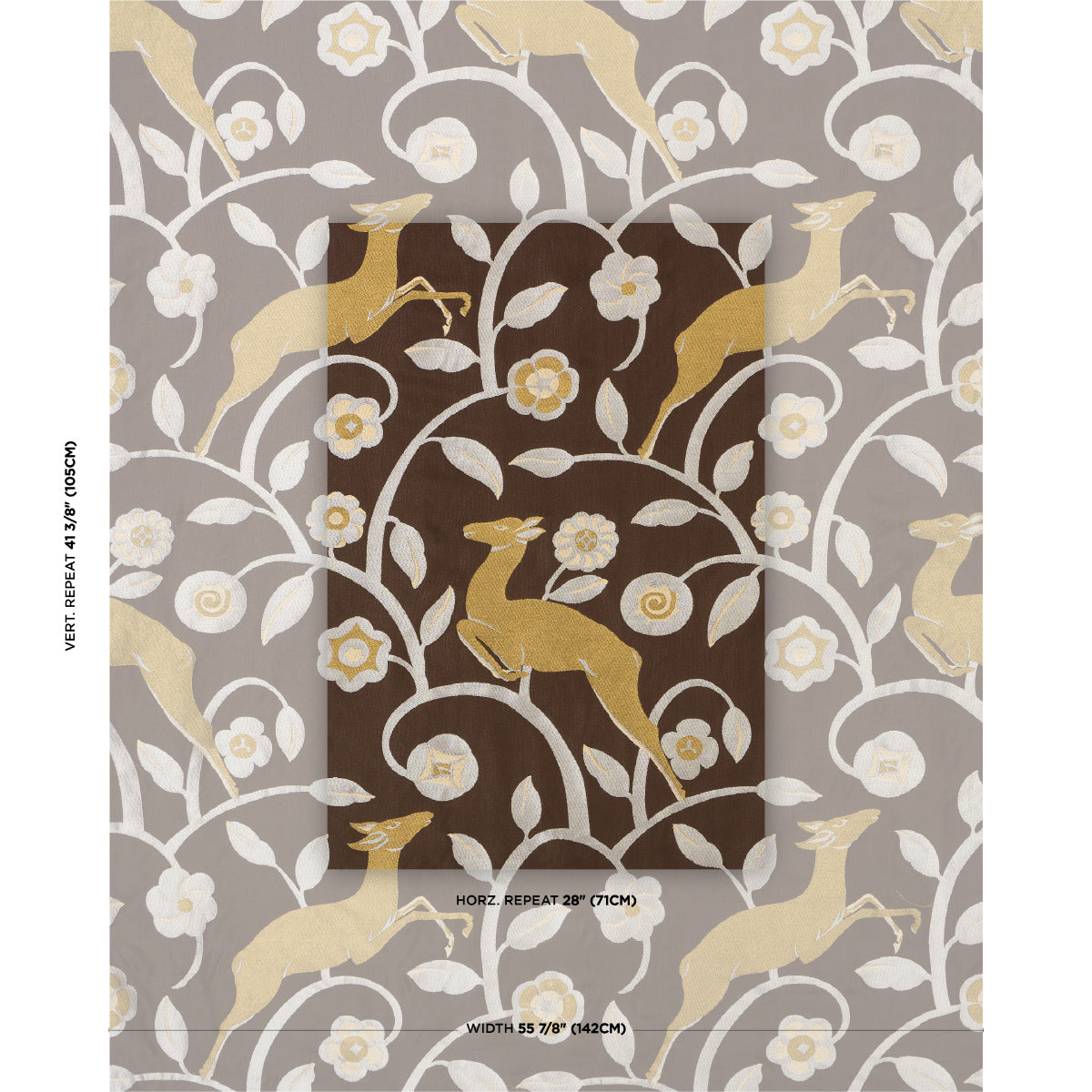 Les Gazelles Au Bois fabric in chocolate color - pattern number 68912 - by Schumacher in the Rhythm In Motion collection