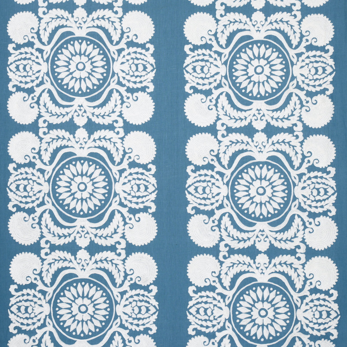 Castanet Embroidery fabric in chambray color - pattern number 70262 - by Schumacher in the Bohemia collection