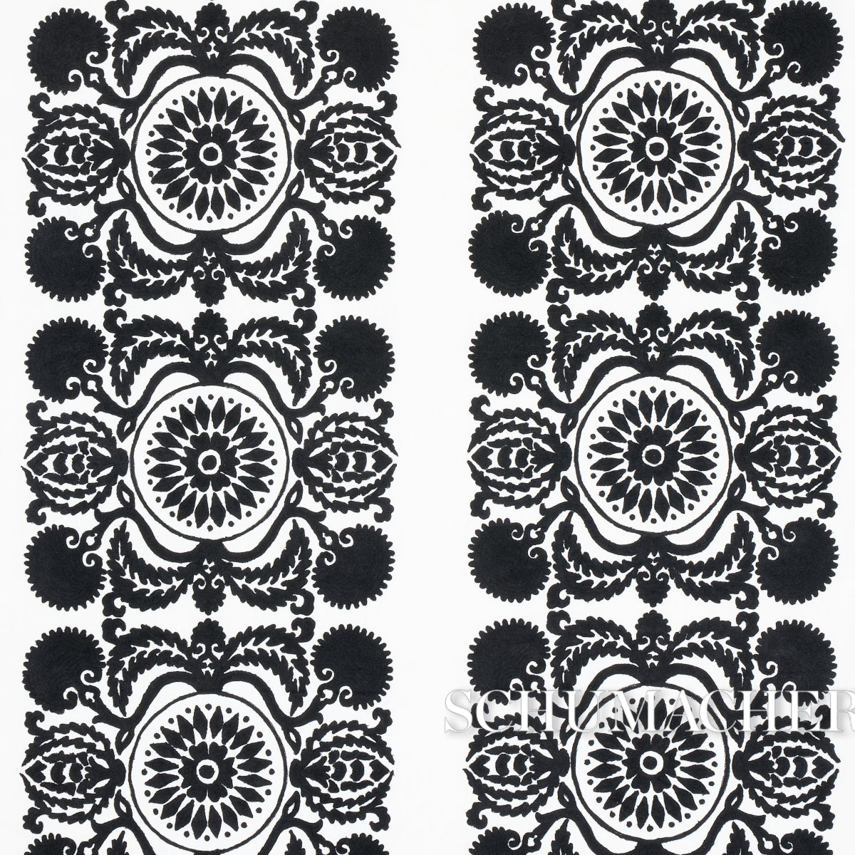 Castanet Embroidery fabric in black color - pattern number 70263 - by Schumacher in the Bohemia collection