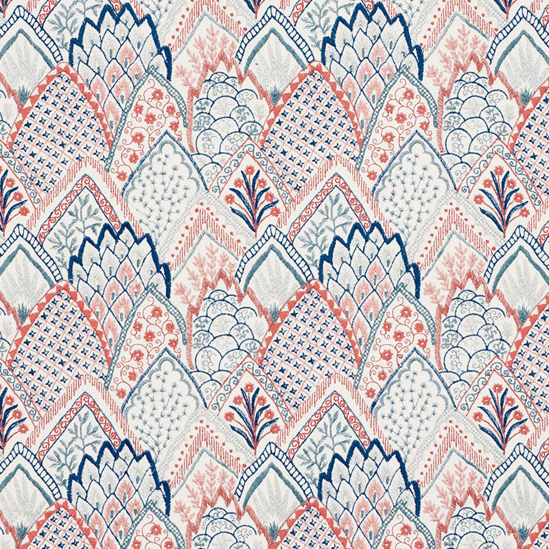 Albizia Embroidery fabric in delft and rose color - pattern number 76310 - by Schumacher in the Palampore collection