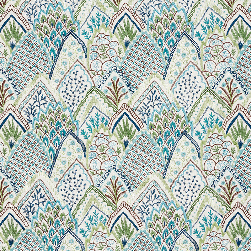 Albizia Embroidery fabric in blue and green color - pattern number 76311 - by Schumacher in the Palampore collection