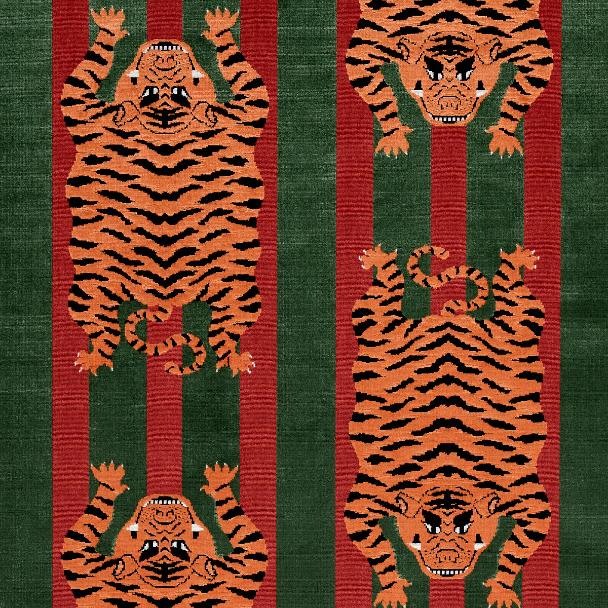 Jokhang Tiger Velvet fabric in red and green color - pattern number 77235 - by Schumacher in the Velvet & Velvet Trims collection