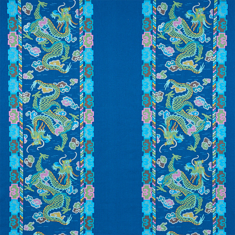 Lotan Dragon Embroidery fabric in blue color - pattern number 78091 - by Schumacher in the Fire Breather collection
