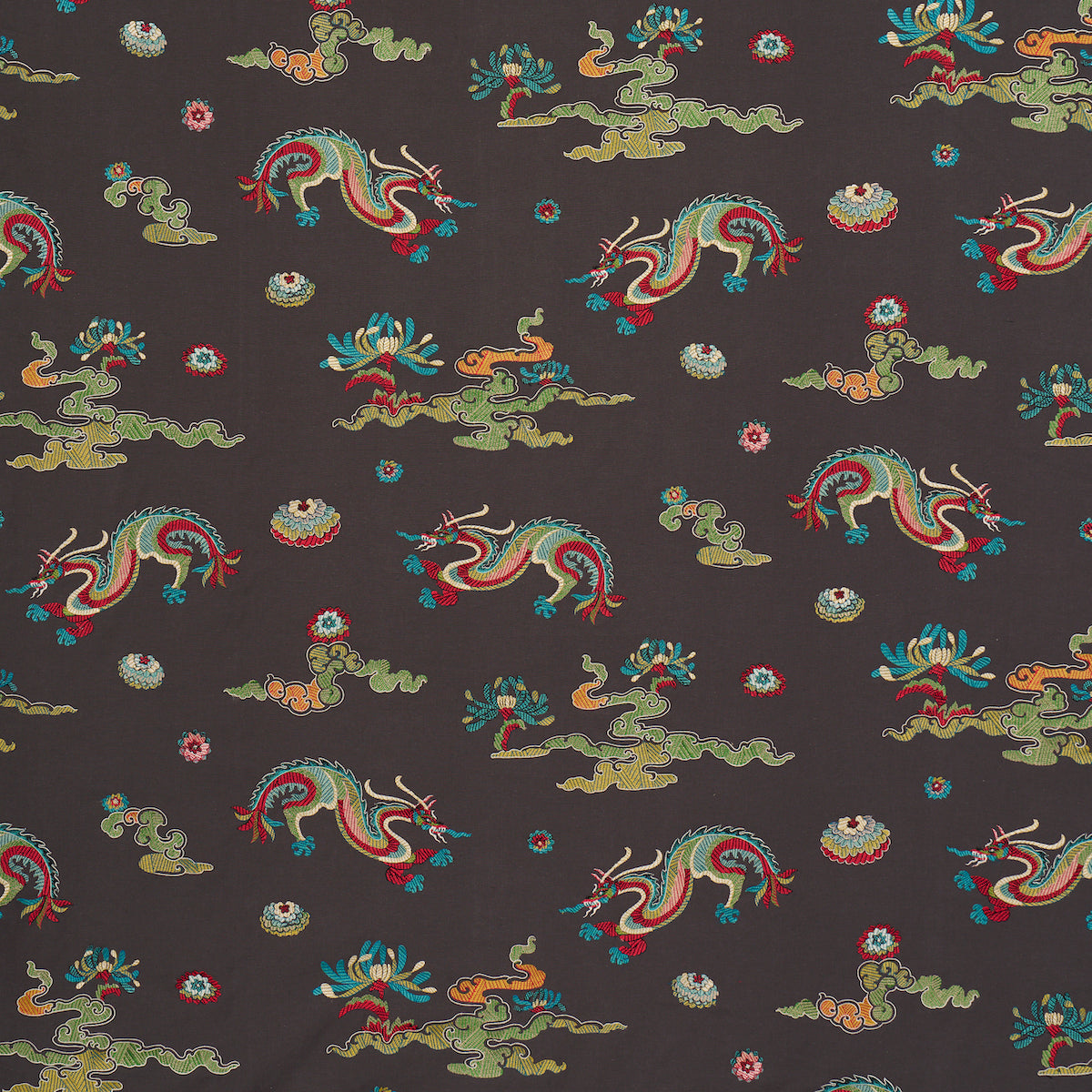 Hanlun Dragon Embroidery fabric in charcoal color - pattern number 78113 - by Schumacher in the Fire Breather collection