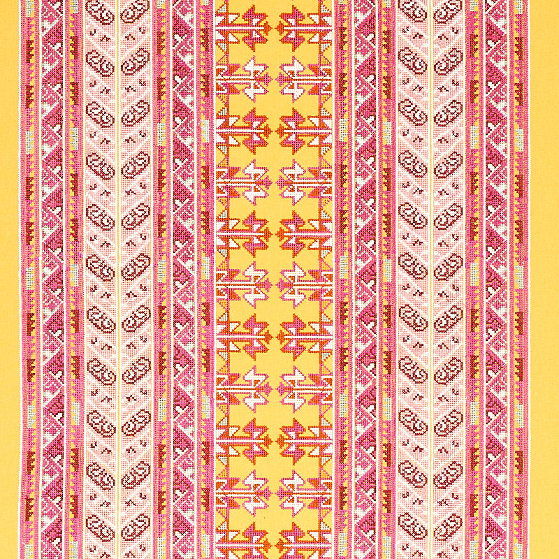 Vinka Embroidery fabric in pink and yellow color - pattern number 79622 - by Schumacher in the Bohemia collection