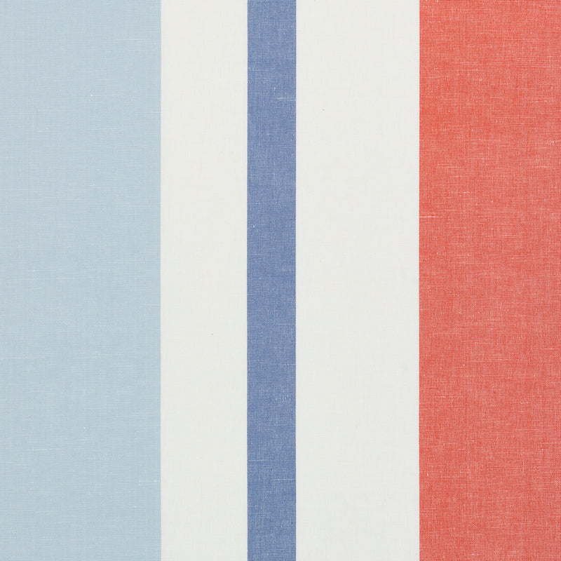Lolland Linen Stripe fabric in sky and coral color - pattern number 79662 - by Schumacher in the Scandinavian Modern collection