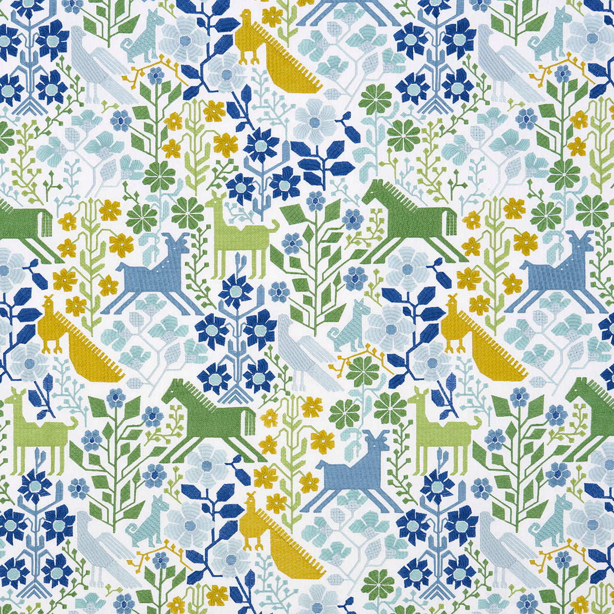 Lupita Embroidery fabric in green and blue color - pattern number 81521 - by Schumacher in the Uncommon Threads collection