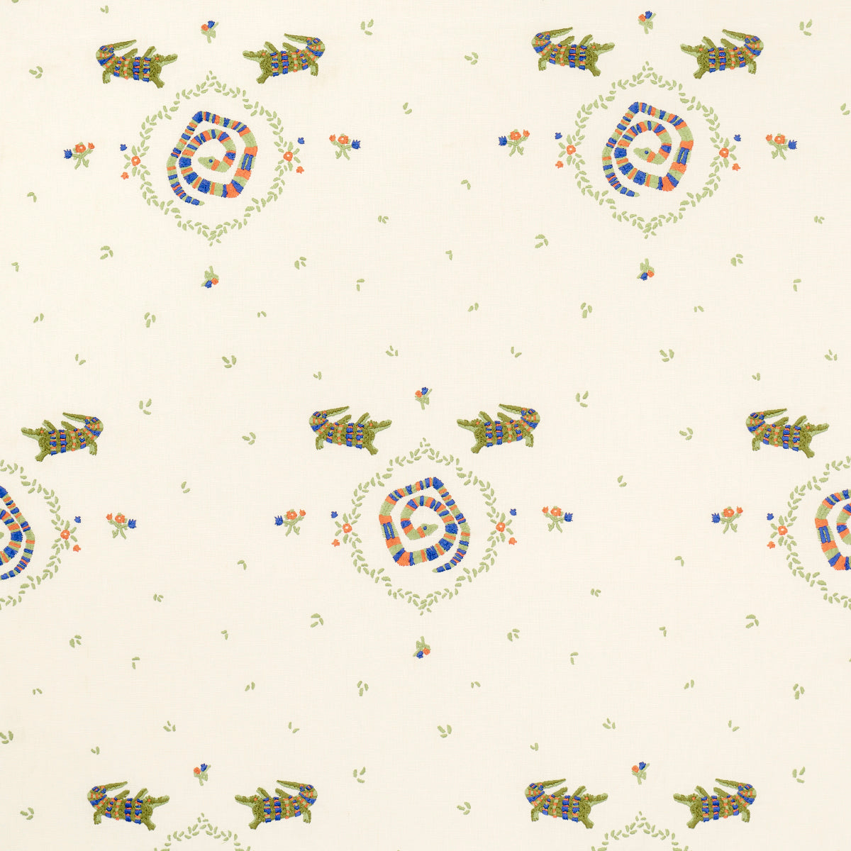 Reptilia Embroidery fabric in bright multi on ivory color - pattern number 84540 - by Schumacher in the Backdrop collection