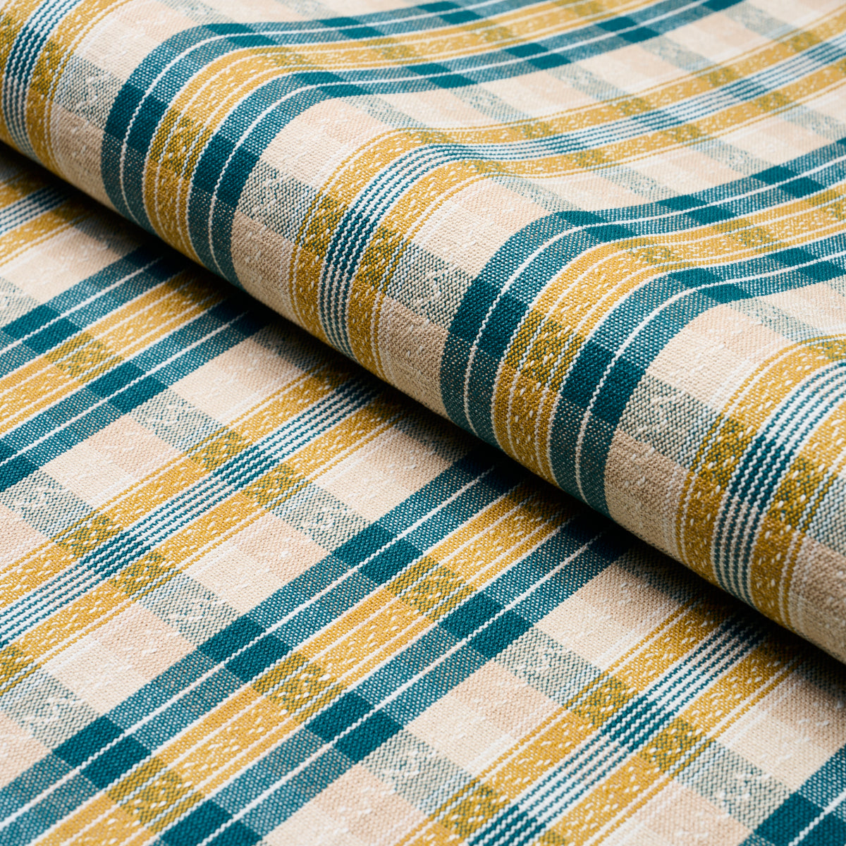 Fonda Hand Woven Plaid fabric in teal and citron color - pattern number 84722 - by Schumacher in the Ashbury collection