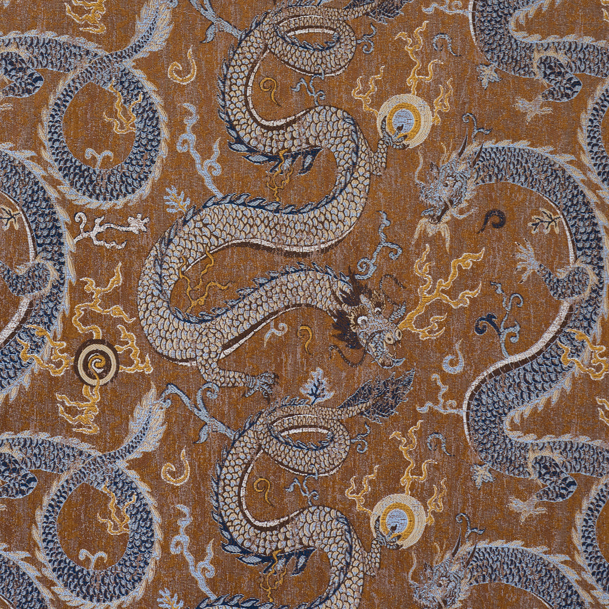 Serpentine Dragon fabric in brown and blue color - pattern number 85091 - by Schumacher in the Statement Wovens collection