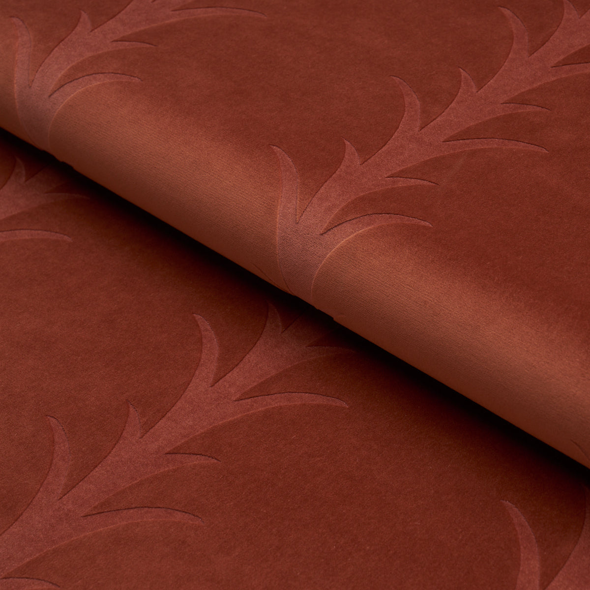 Acanthus Stripe Velvet fabric in terracotta color - pattern number 86452 - by Schumacher in the Atelier Paris collection