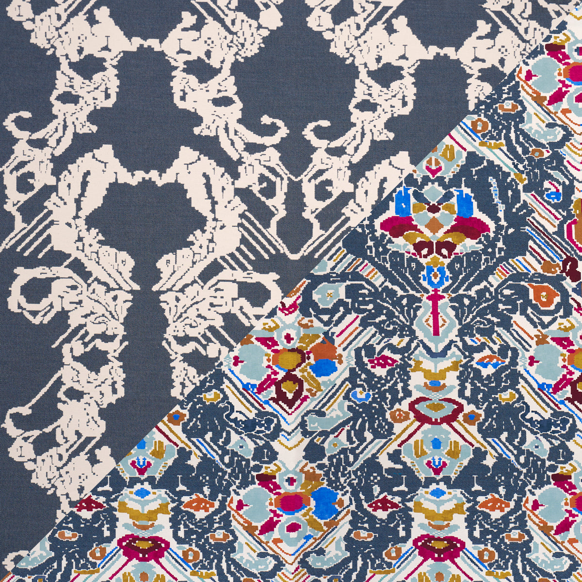Reversible Digital Damask fabric in denim color - pattern number 87552 - by Schumacher in the Atelier Paris collection