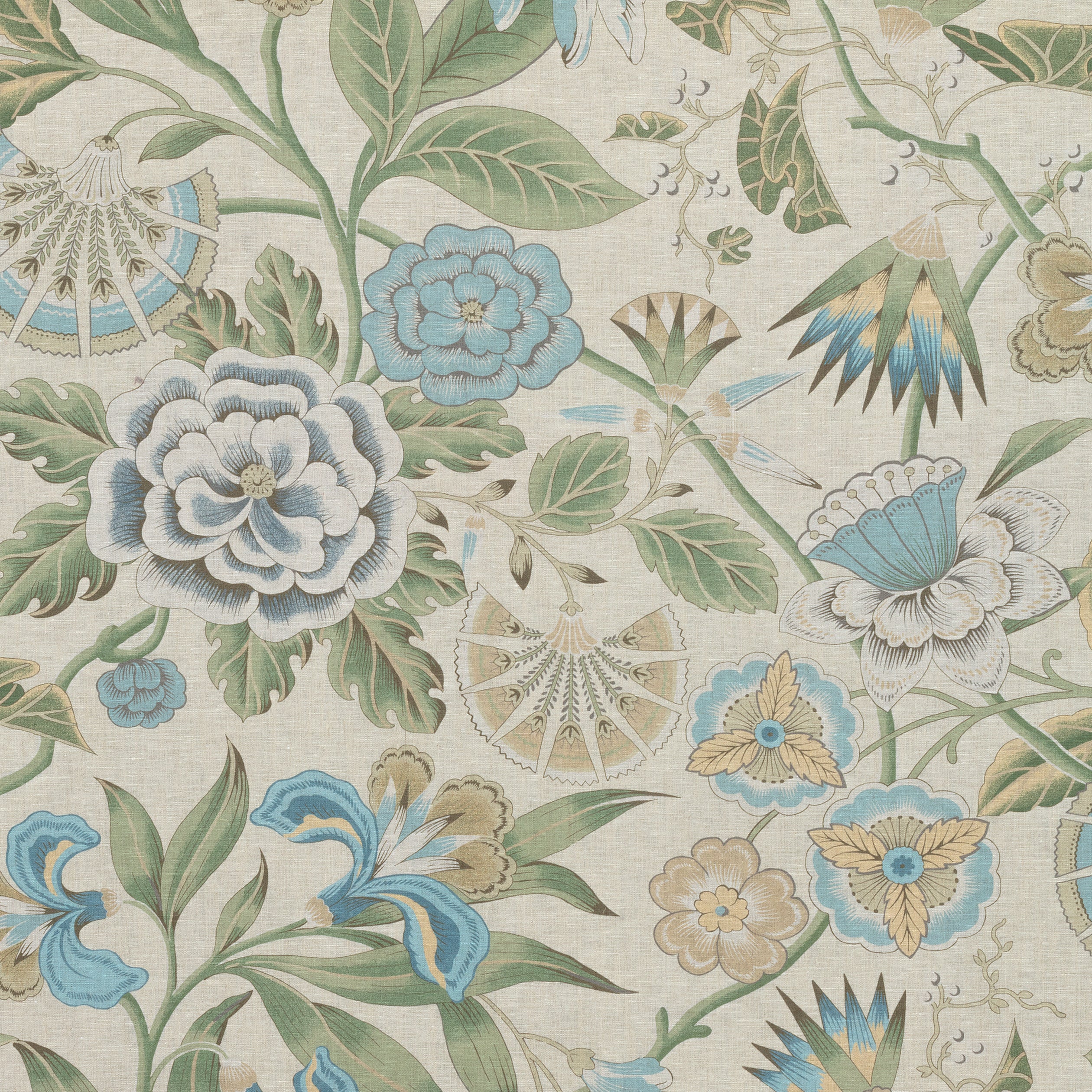 Cleo fabric in sky blue and green on flax color - pattern number AF9620 - by Anna French in the Savoy collection