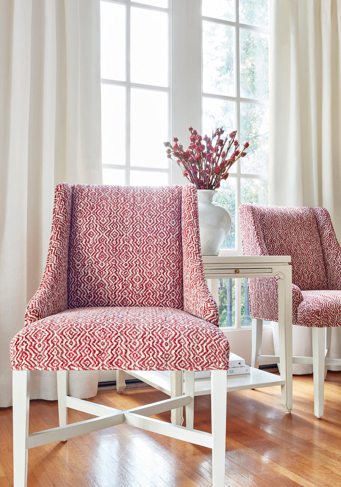 Frontal view of Hayden Dining Chair in Anstasia woven fabric in cardinal color - pattern number W80690 - by Thibaut in the Woven Resource Vol 11 Rialto collection
