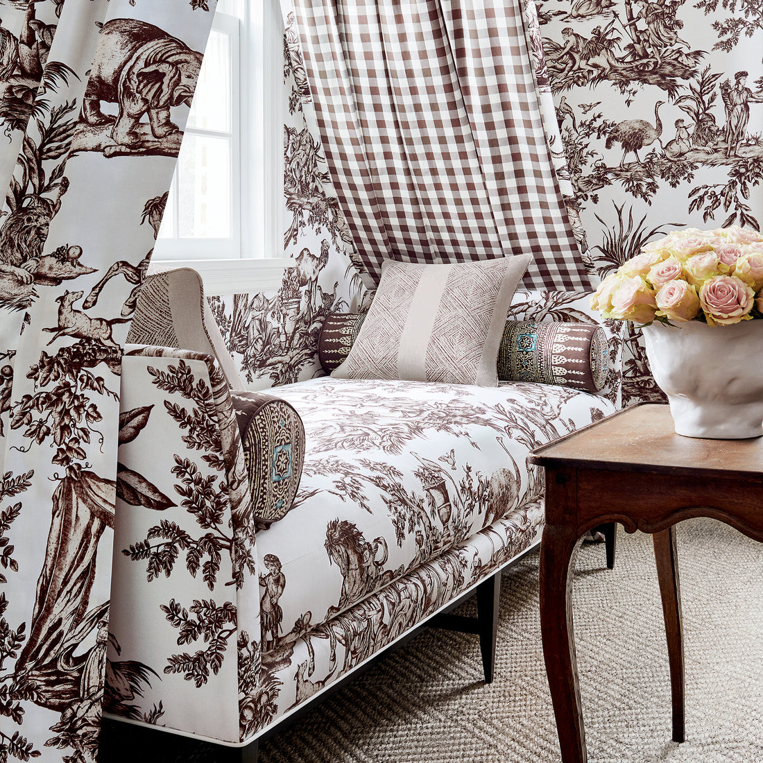 Addison Daybed in Antilles Toile printed fabric in Brown - pattern number AF15169 - by Anna French in the Antilles collection