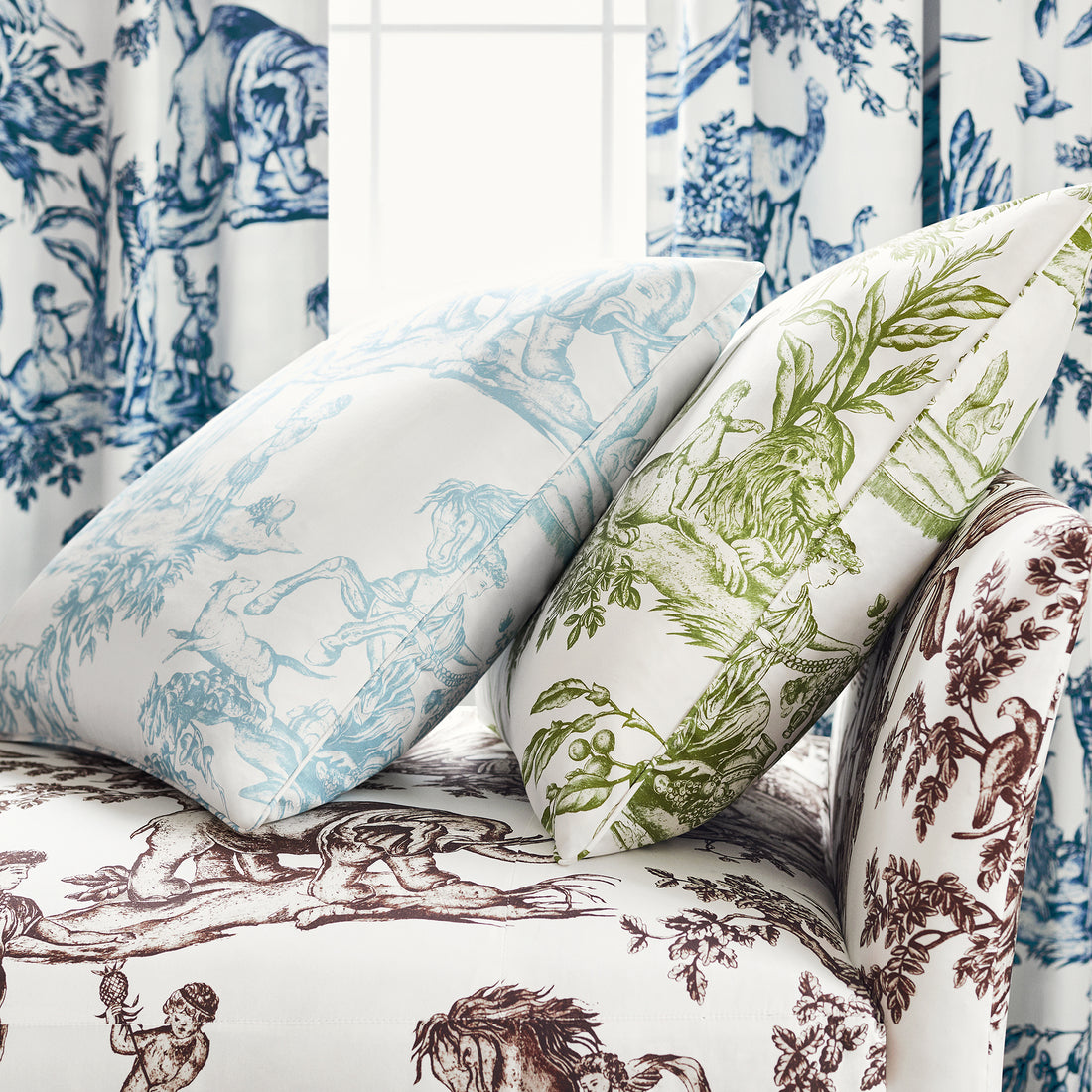Pillow in Antilles Toile printed fabric in Green - pattern number AF15172 - by Anna French in the Antilles collection