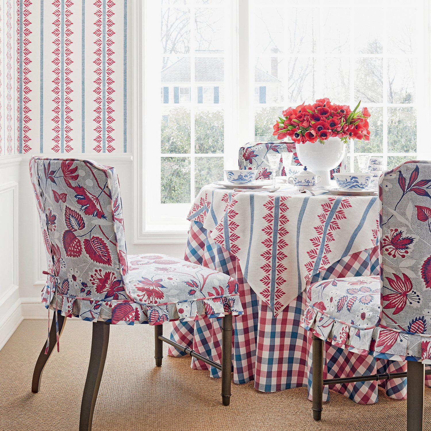 Tablecloth in Fern Stripe printed fabric in Red and Blue - pattern number AF15105 - by Anna French in the Antilles collection