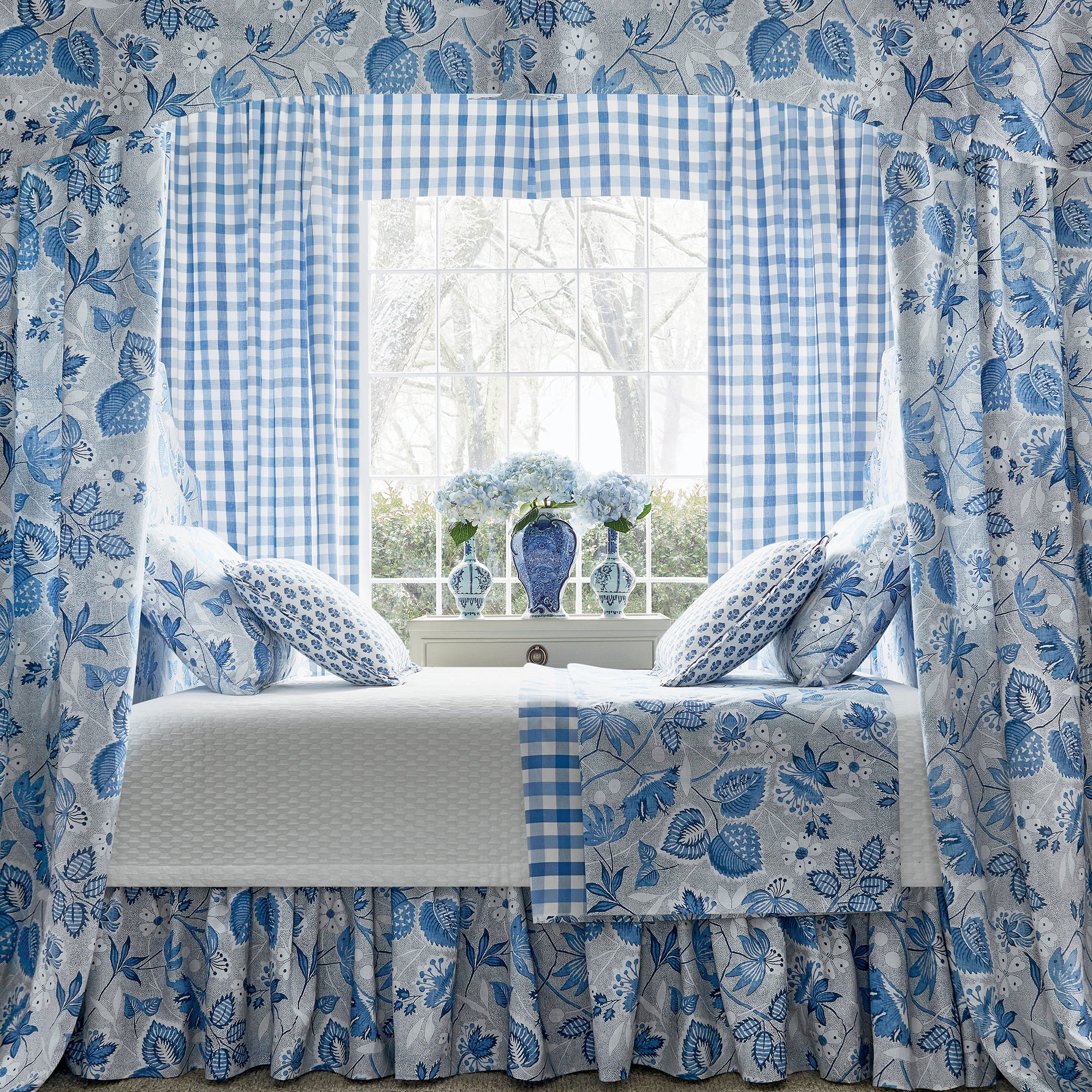 Bed Canopy, bedskirt and pillows in Indienne Hazel printed fabric in Blue - pattern number AF15116 - by Anna French in the Antilles collection