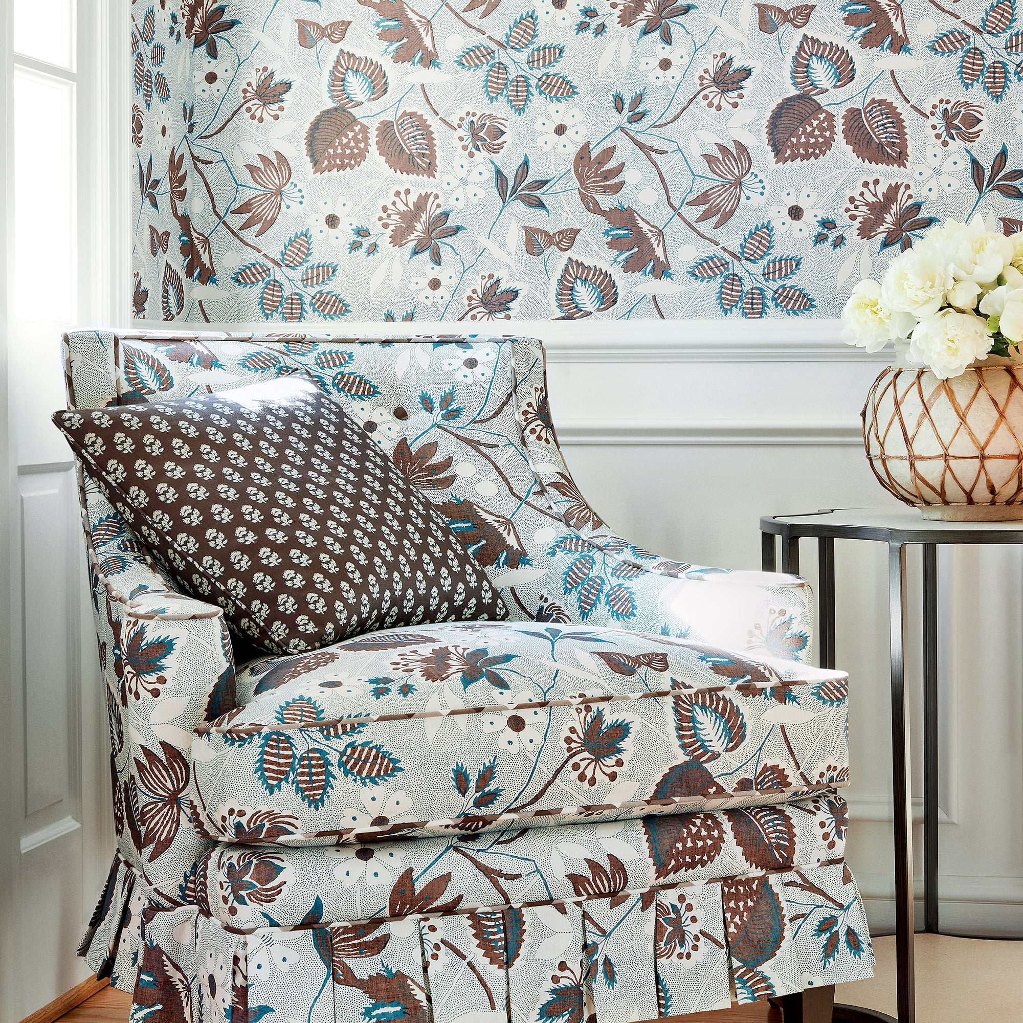 Emerson Chair in Indienne Hazel printed fabric in Brown and Slate - pattern number AF15117 - by Anna French in the Antilles collection