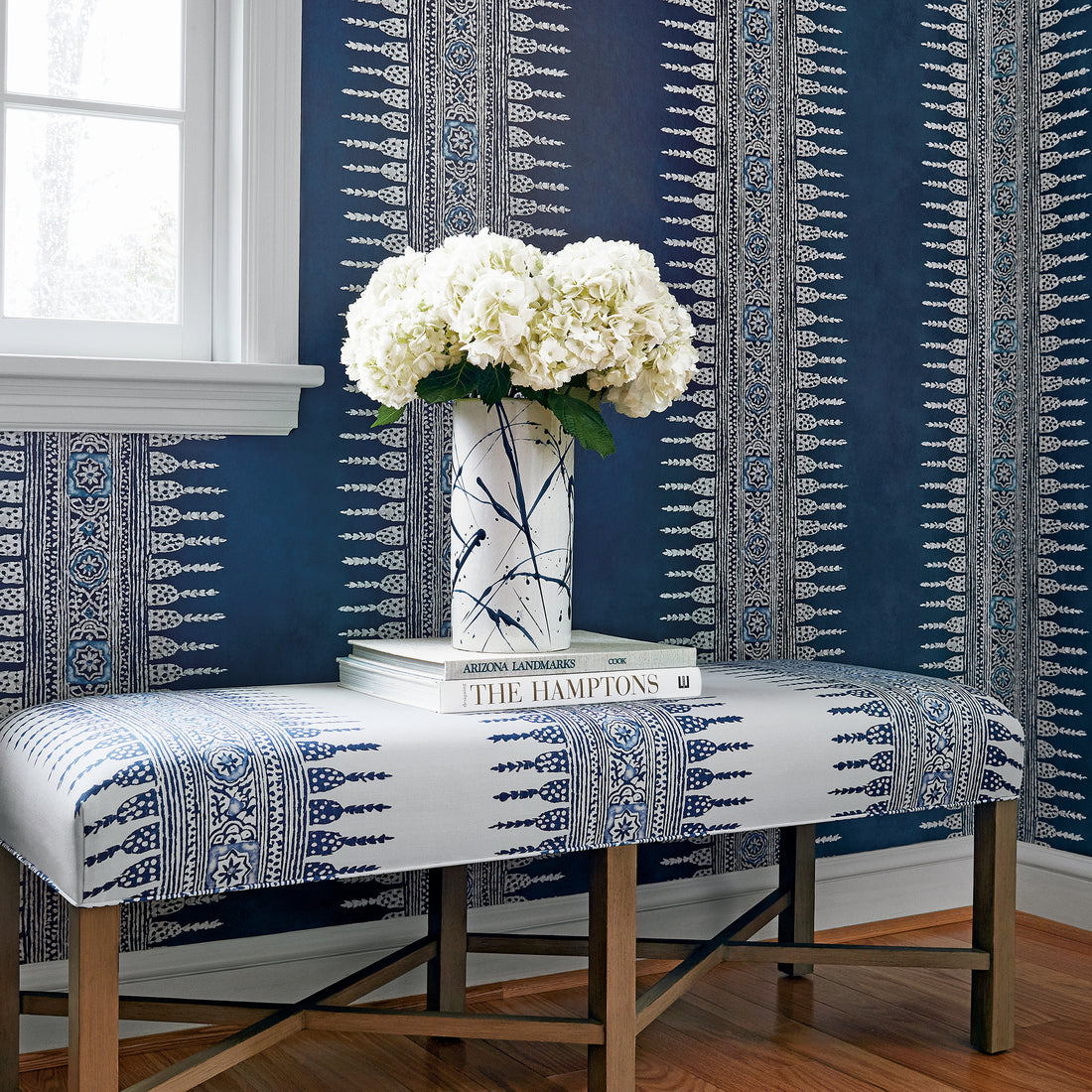 Bellwood Bench in Javanese Stripe printed fabric in Navy and White - pattern number AF15137 - by Anna French in the Antilles collection