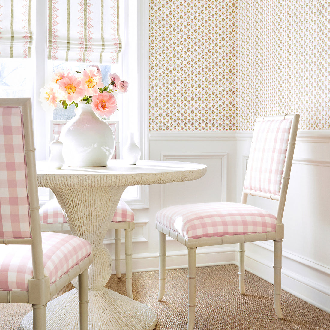 Darien Dining Chairs in Saybrook Check woven fabric in Blush - pattern number AW15148 - by Anna French in the Antilles collection